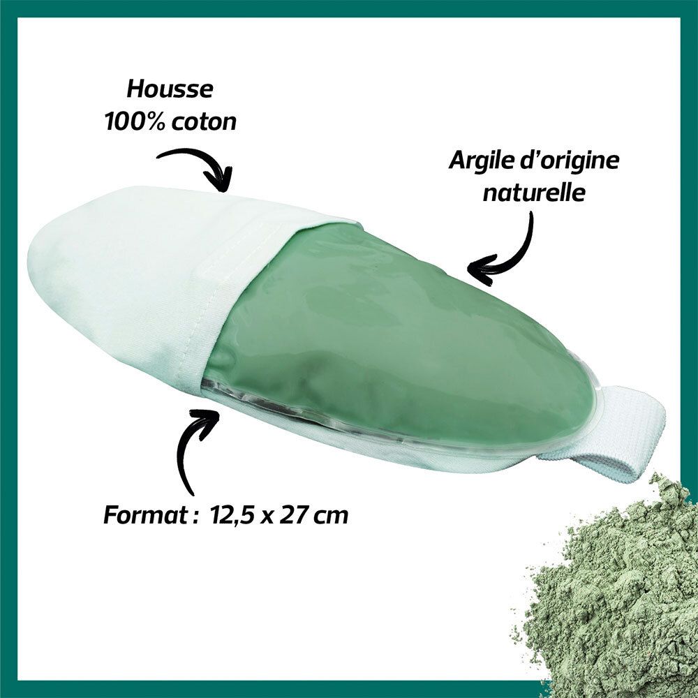 Coussin thermique ovale vert dans une housse coton blanche. Dimensions : 12,5 x 27 cm. Détails indiqués par des flèches.