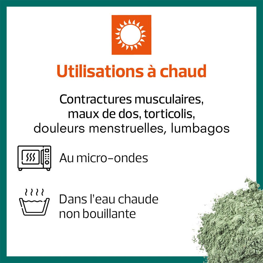 Instructions pour l'utilisation à chaud. Symboles micro-ondes et eau chaude. Texte : contractures musculaires, maux de dos, etc.
