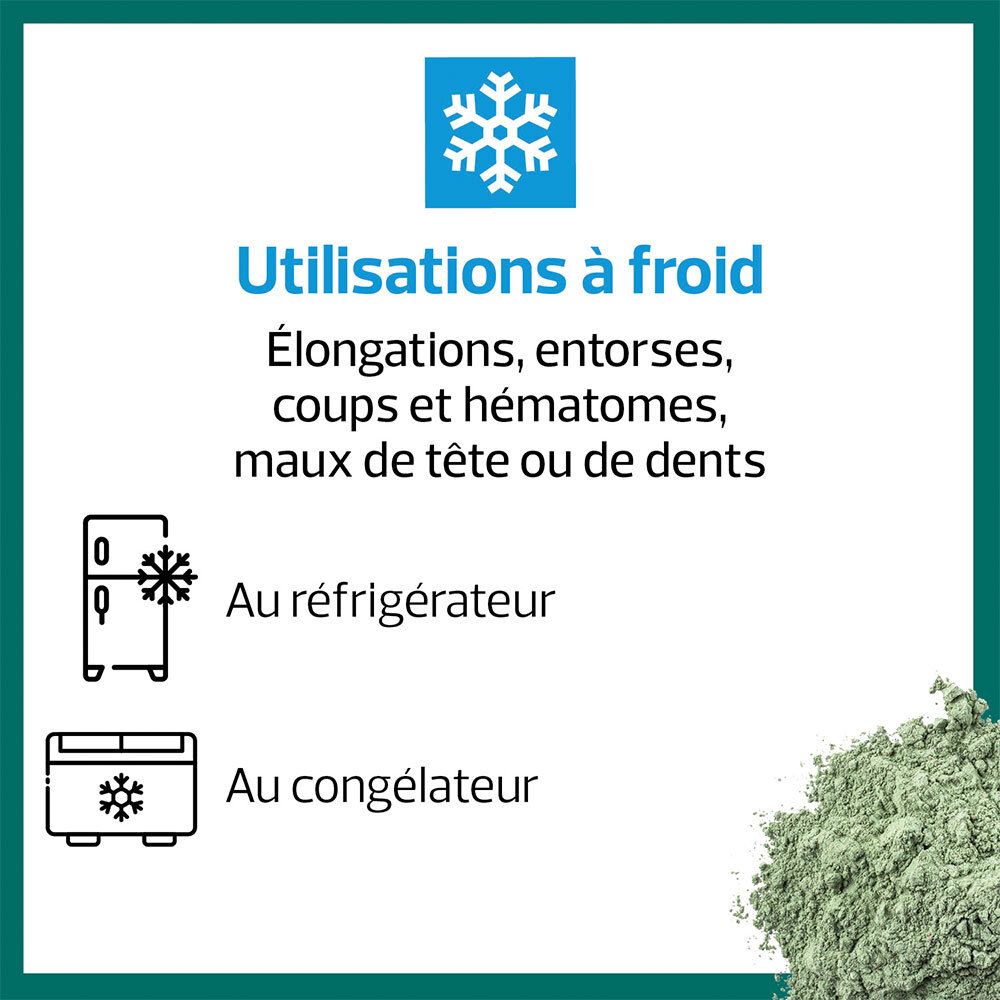 Instructions pour l'utilisation à froid. Symboles réfrigérateur et congélateur. Texte : entorses, contusions, maux de tête.