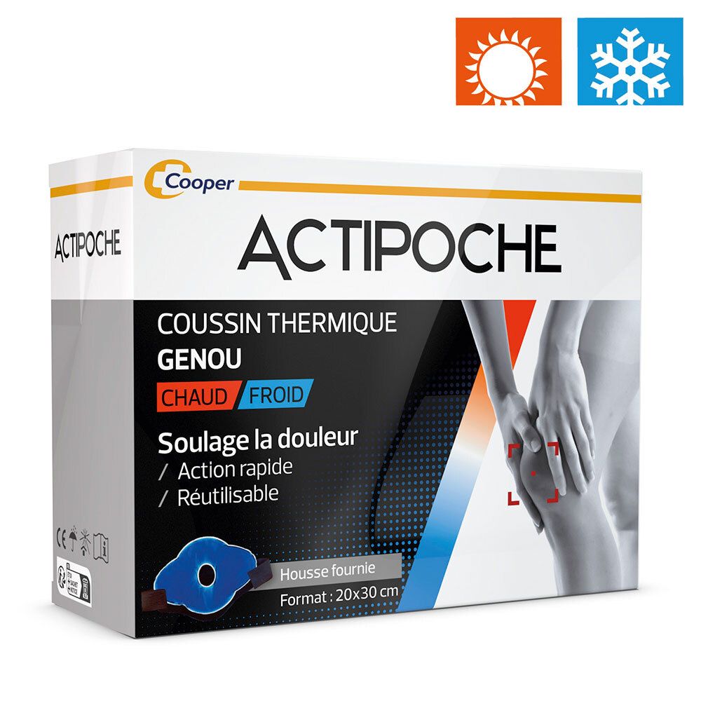 Boîte ACTIPOCHE, coussin thermique genou. Symboles soleil/flocon. Chaud/froid, 20x30 cm.