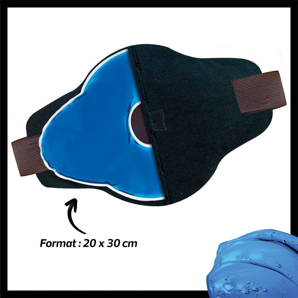 Coussin genou en gel bleu dans housse noire. Taille 20 x 30 cm. Sangles marron.