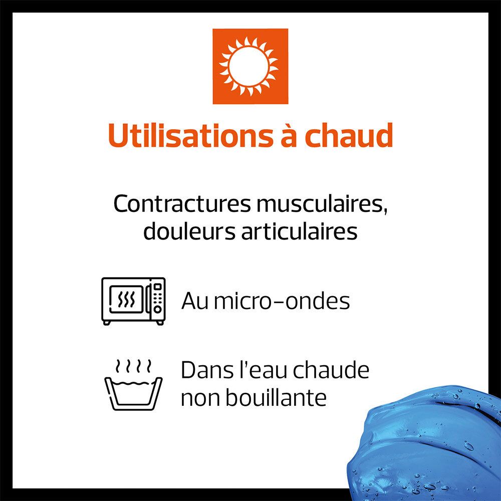 Instructions : Utilisations à chaud. Contractures musculaires, douleurs articulaires. Micro-ondes, eau chaude.