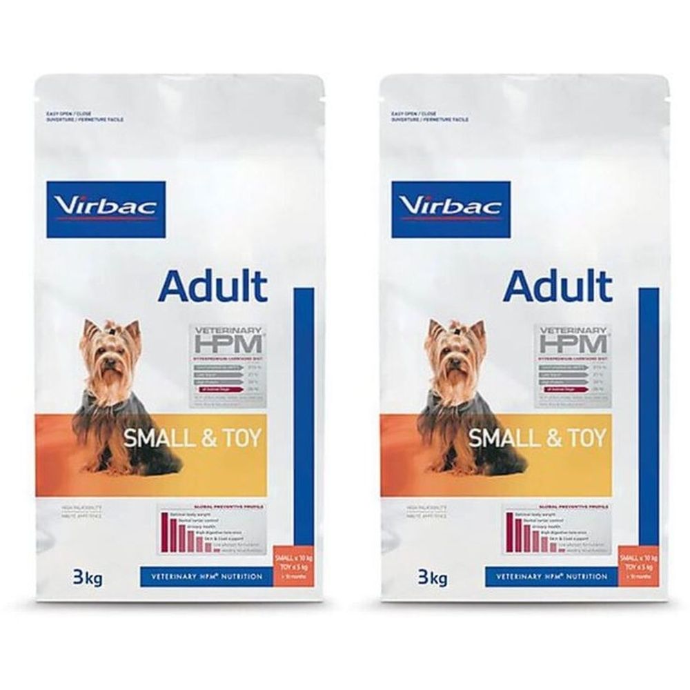 Deux paquets de nourriture pour chiens. Inscription : Virbac, Adult, HPM, Small & Toy. Un chien est représenté. 3kg.
