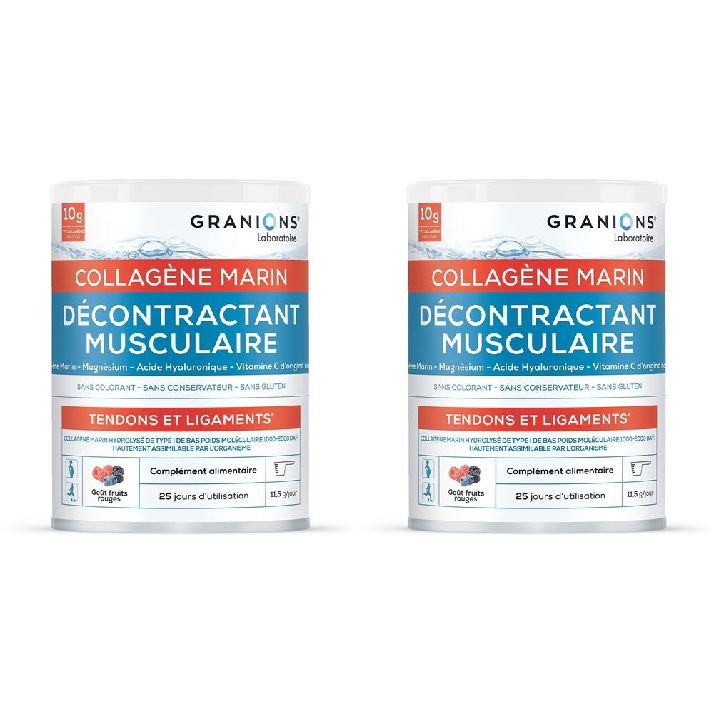 Deux boîtes de "GRANIONS Collagène Marin Décontractant Musculaire". Étiquettes bleues et rouges. Texte : "Tendons et Ligaments".