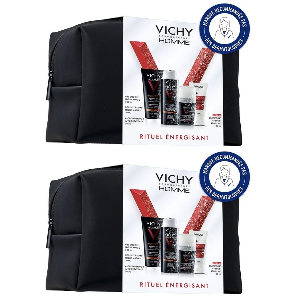 Trousse de toilette noire avec produits VICHY Homme. Contient plusieurs produits, dont un tube et un spray. Inscription : Rituel Énergisant.