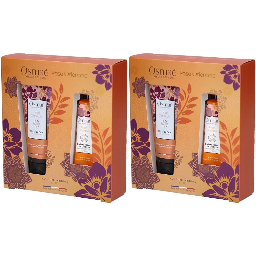 Deux coffrets cadeaux de produits cosmétiques. Chaque boîte contient un gel douche et une crème pour les mains. Inscription : Osmae Rose Orientale.