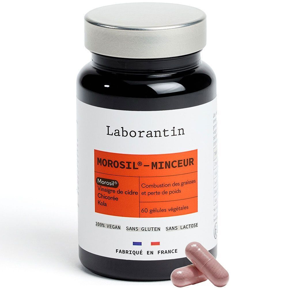 Flacon Laborantin Morosil-Minceur avec gélules. Inscription: 100% Vegan, sans gluten, sans lactose. Fabriqué en France.