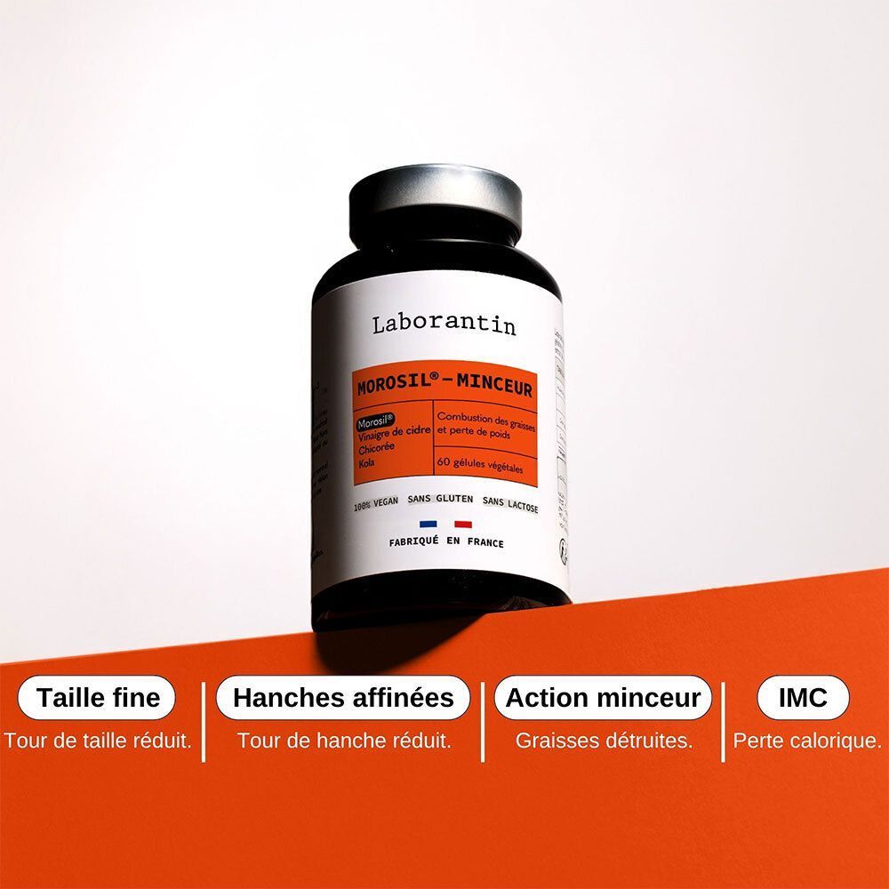 Flacon Laborantin Morosil-Minceur. Texte: Taille fine, Hanches affinées, Action minceur, IMC. Sur fond orange.