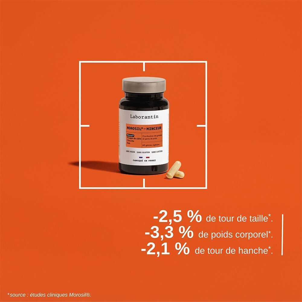 Flacon Laborantin Morosil-Minceur sur fond orange. Texte: -2,5% de tour de taille, -3,3% de poids corporel, -2,1% de tour de hanche.