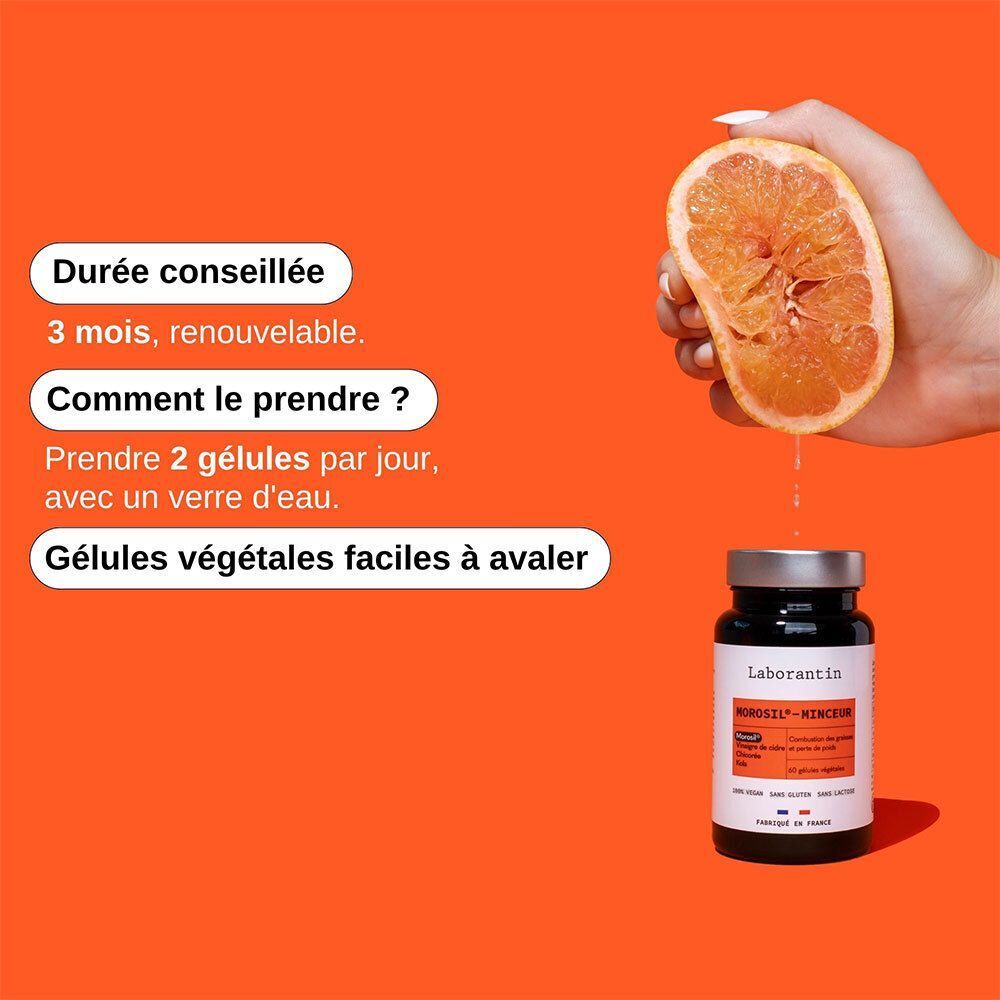 Flacon Laborantin Morosil-Minceur et pamplemousse. Texte: 3 mois, 2 gélules par jour avec de l'eau.