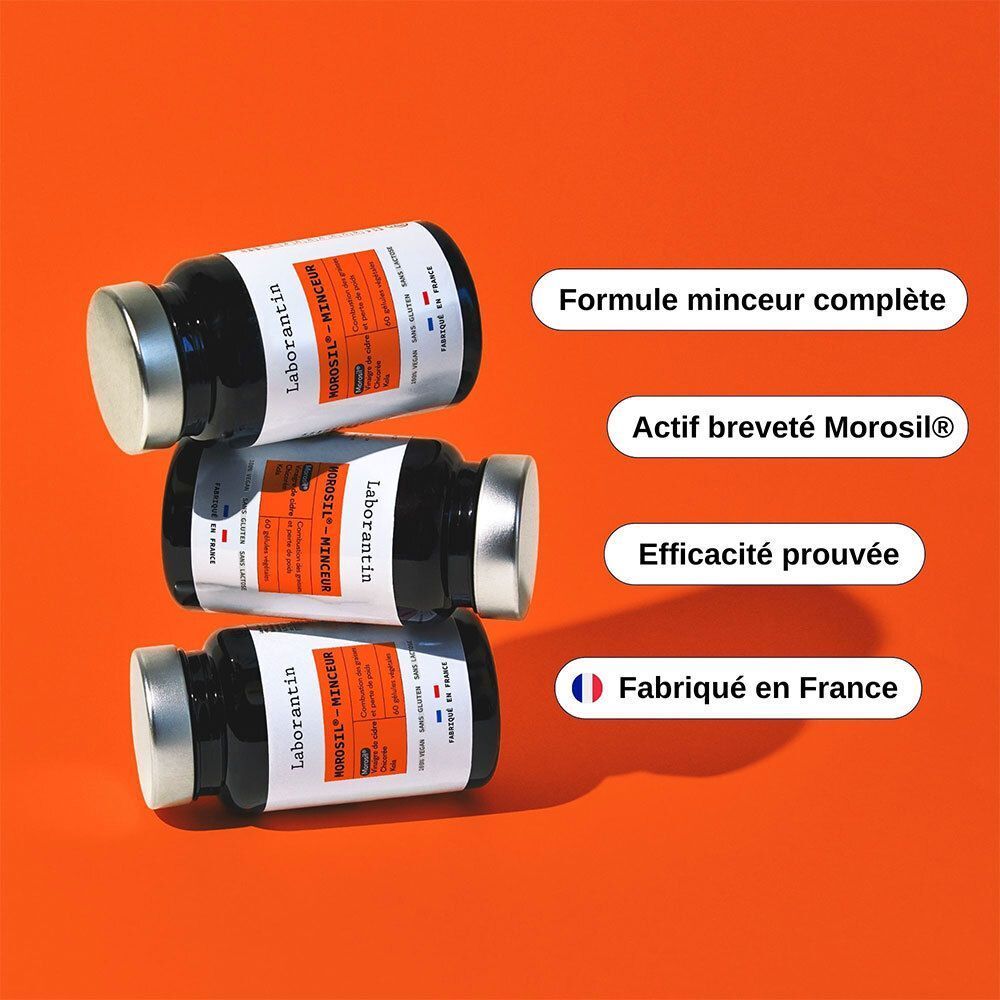 Trois flacons Laborantin Morosil-Minceur. Texte: Formule minceur complète, Actif breveté Morosil, Efficacité prouvée, Fabriqué en France.