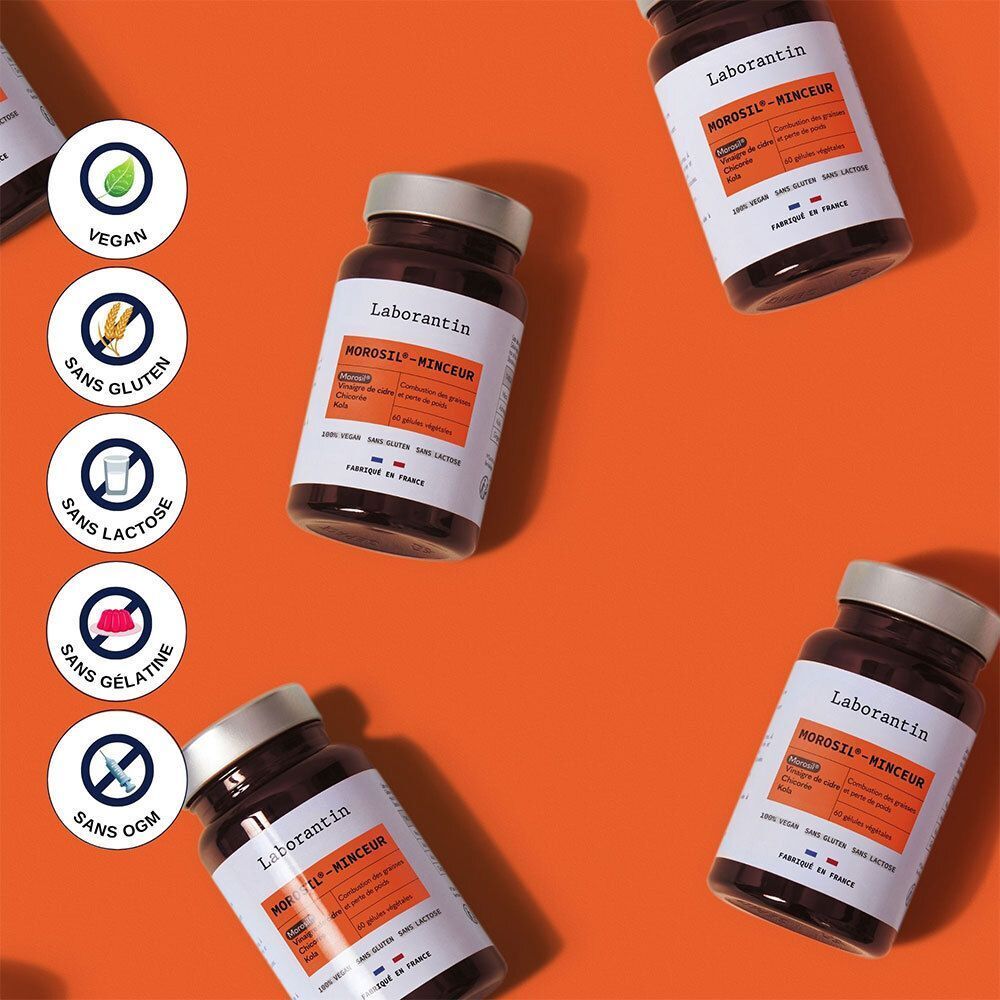 Flacons Laborantin Morosil-Minceur et symboles: Vegan, sans gluten, sans lactose, sans gélatine, sans OGM.