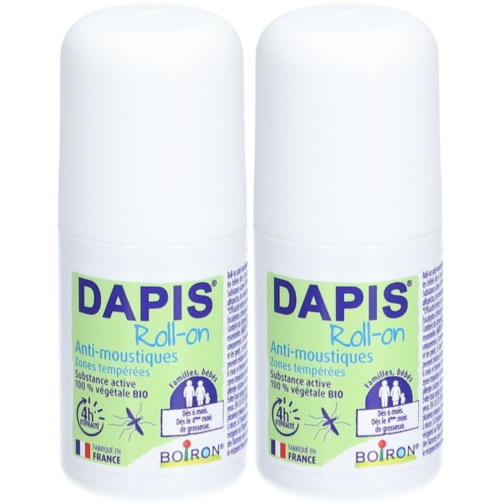Deux flacons roll-on blancs avec étiquettes vertes. Inscription: DAPIS Roll-on Anti-moustiques. Contient 100% d'ingrédients végétaux.