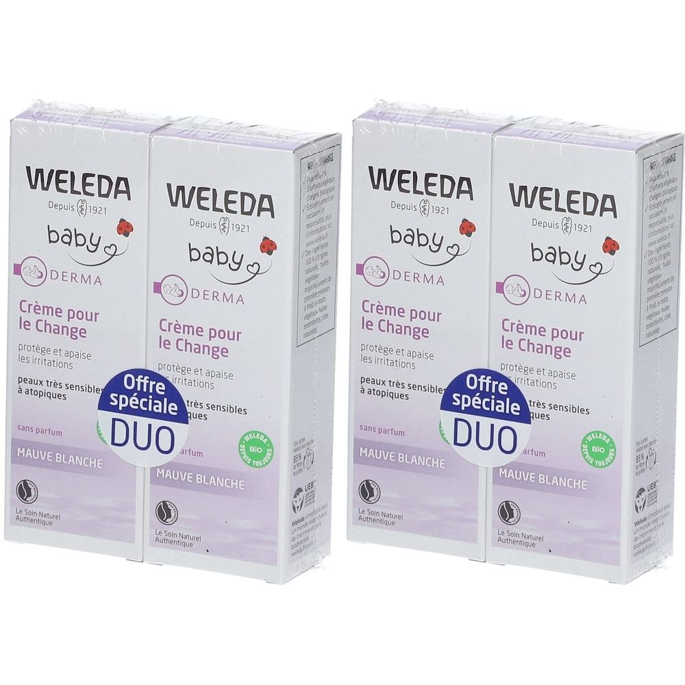 Plusieurs boîtes de WELEDA Baby Derma Crème pour le Change. Inscriptions: Baby, Derma, Crème pour le Change, Mauve Blanche, Duo.