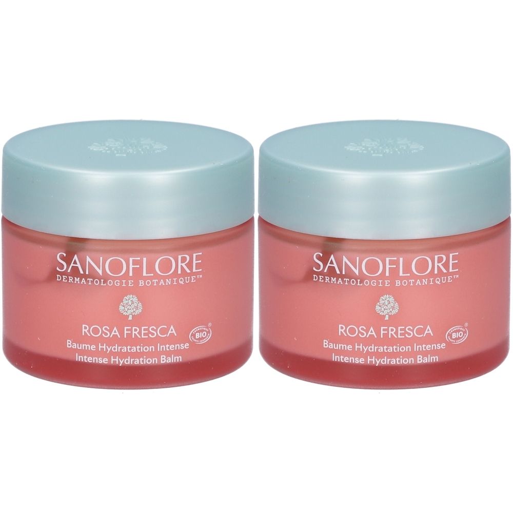 Deux pots roses avec couvercles bleu clair. Inscription: SANOFLORE, ROSA FRESCA, Baume Hydratation Intense. Label bio.