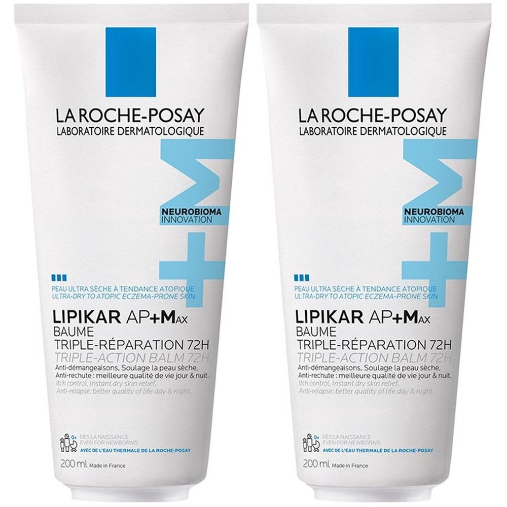 Deux tubes blancs avec texte bleu. Inscription: LA ROCHE-POSAY, LIPIKAR AP+M, Triple-Réparation 72H. 200ml.