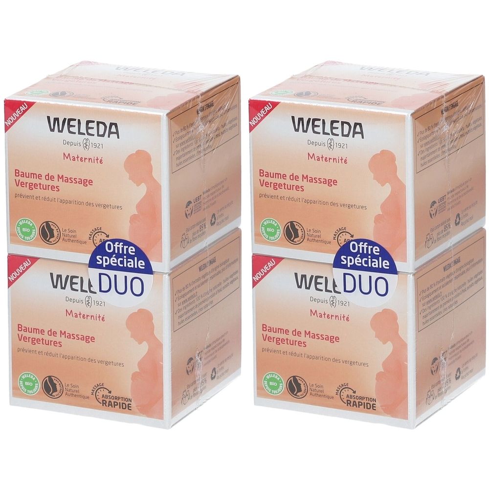 Deux boîtes de WELEDA Baume de Massage Vergetures. Inscription: Maternité, Baume de Massage Vergetures. Avec autocollant: Well Duo, Offre spéciale.
