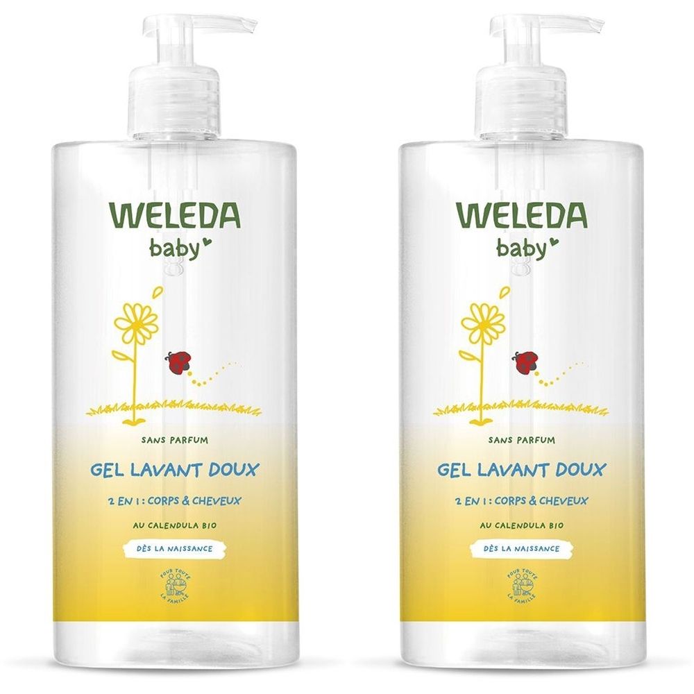 Deux flacons transparents avec pompe. Inscription: WELEDA baby, GEL LAVANT DOUX, sans parfum. Design jaune et vert.