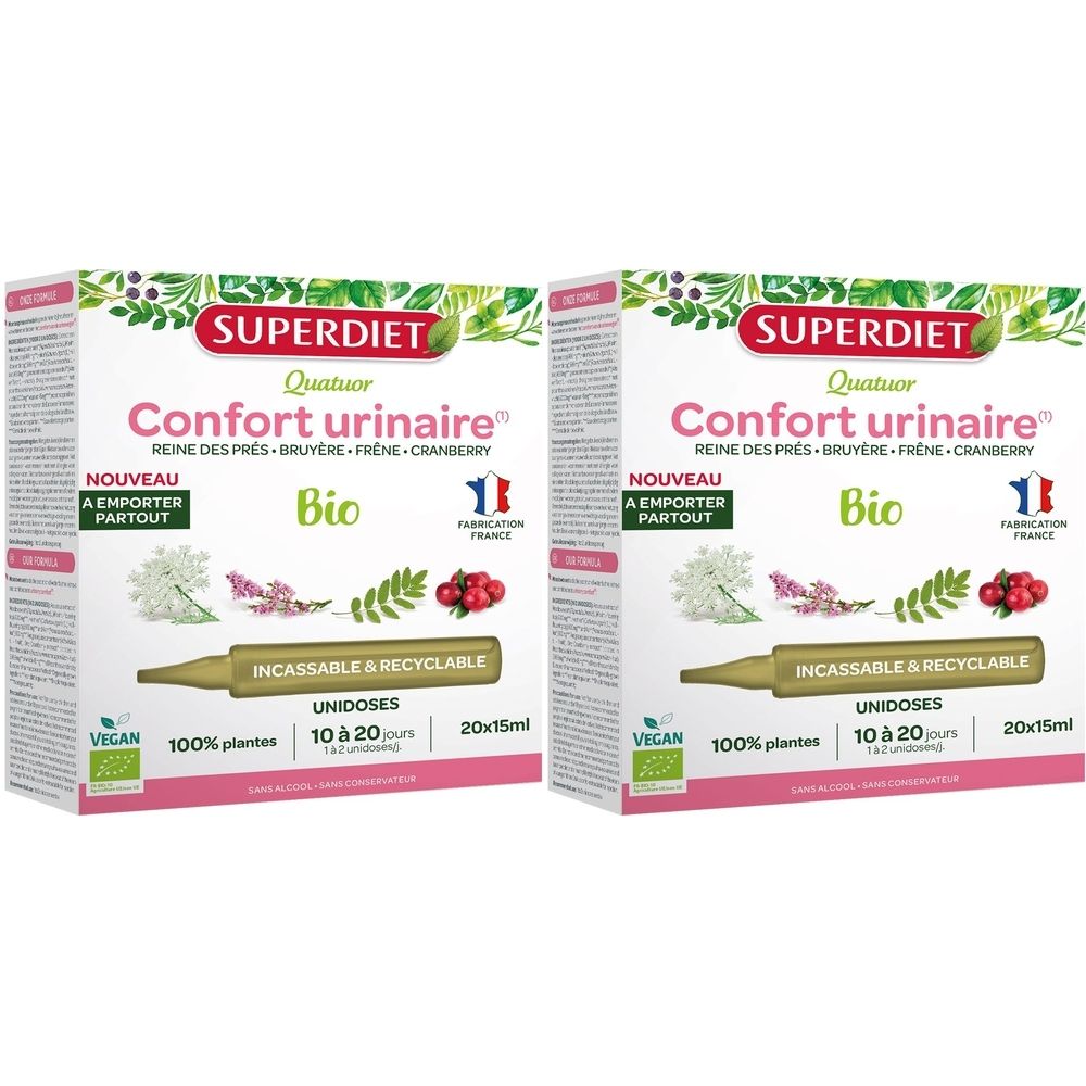 Deux boîtes de "Confort urinaire Bio". Inscriptions : SUPERDIET, Quatuor, Bio, 20 Unidoses, 100% plantes, Vegan, Fabriqué en France.
