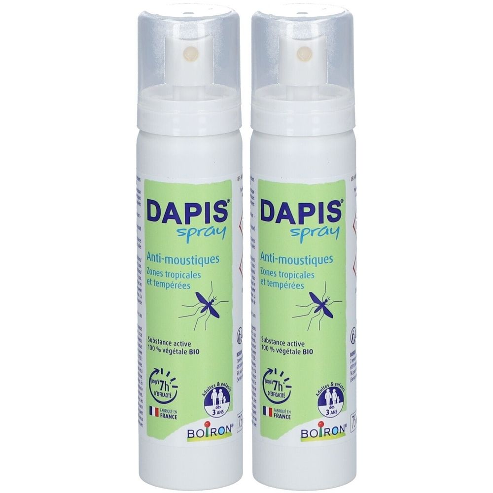 Deux flacons spray blancs avec bouchons transparents. Inscription DAPIS spray, Anti-moustiques, Zonen tropicales et tempérées. Logo BOIRON.