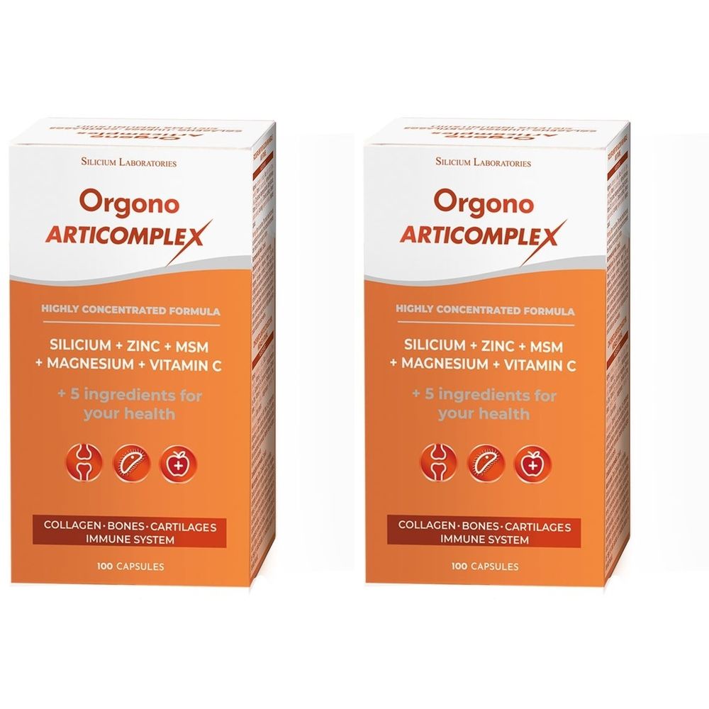 Deux boîtes rectangulaires. Inscription: Orgono Articomplex. Contient silicium, zinc, MSM, magnésium, vitamine C. 100 gélules.