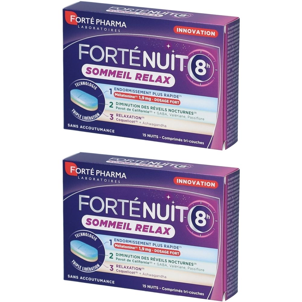 Deux boîtes de Forté Nuit 8h Sommeil Relax. Emballage violet avec texte blanc. Contient 15 comprimés. Marque: Forté Pharma.