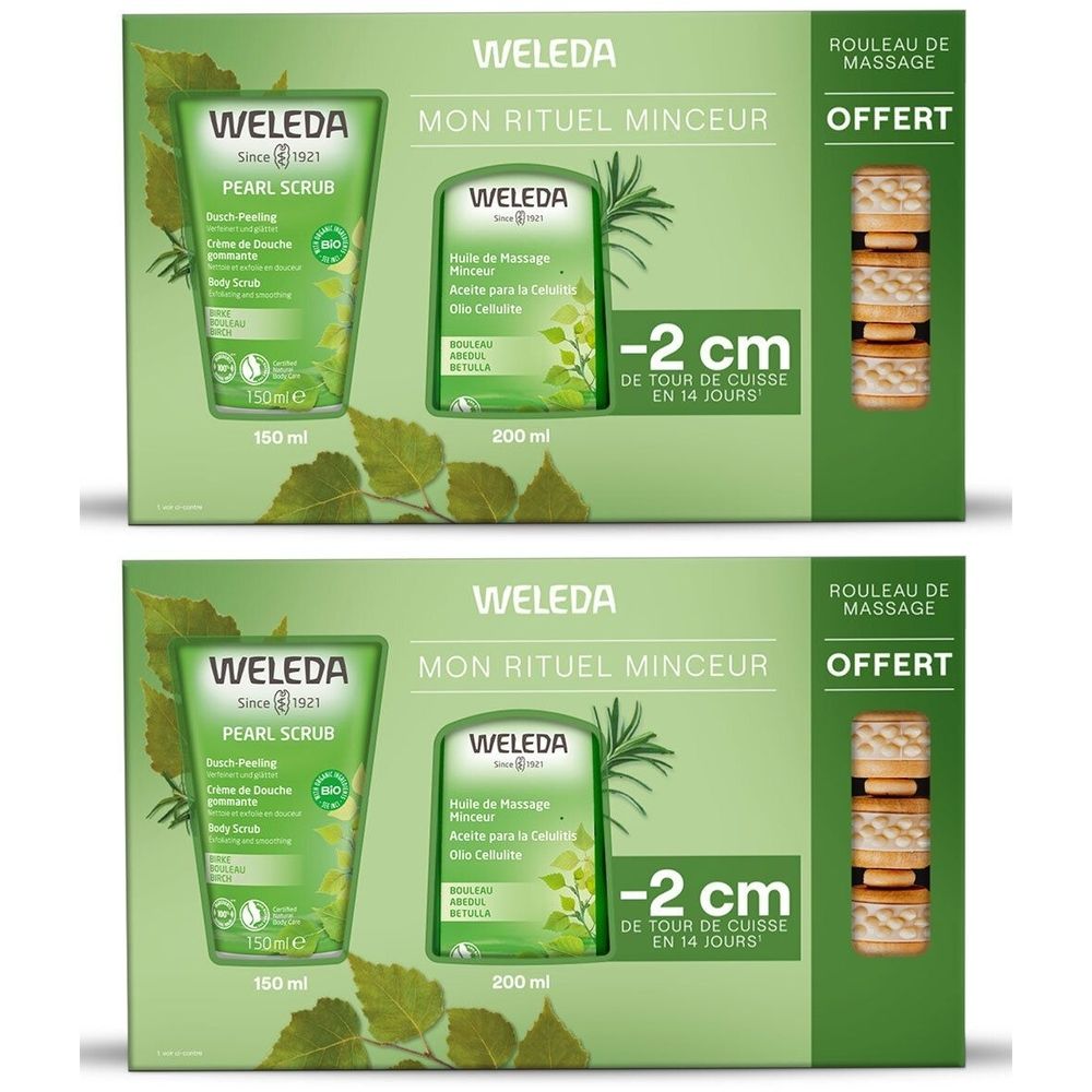 Coffret cadeau WELEDA. Contient Pearl Scrub, huile de massage et rouleau. Inscription: MON RITUEL MINCEUR, -2 cm de tour de cuisse.