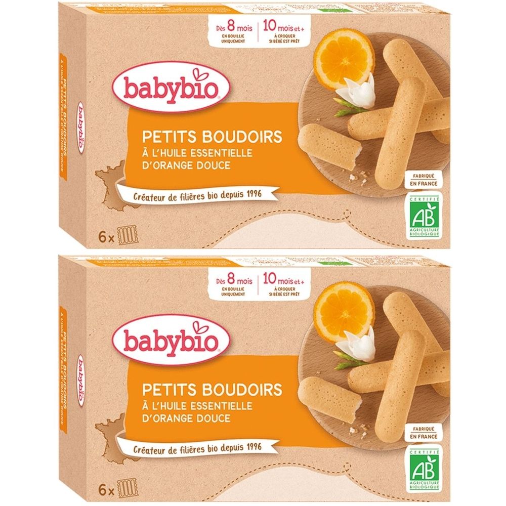 Deux boîtes de biscuits Babybio. Inscription PETITS BOUDOIRS, AB. Visuel de biscuits et tranches d'orange. Label AB. 6x.