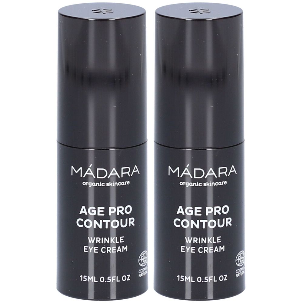 Deux flacons noirs avec couvercles. Inscription : MÁDARA organic skincare, AGE PRO CONTOUR, WRINKLE EYE CREAM. 15ML 0.5FL OZ.