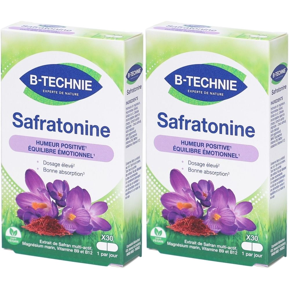 Deux boîtes de Safratonine B-TECHNIE. Inscription: HUMEUR POSITIVE, ÉQUILIBRE ÉMOTIONNEL. Illustration de fleurs de safran et X30.