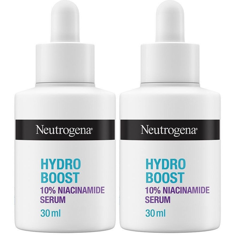 Deux flacons blancs avec compte-gouttes. Chaque flacon porte les inscriptions "Neutrogena", "Hydro Boost 10% Niacinamide Serum" et "30 ml".