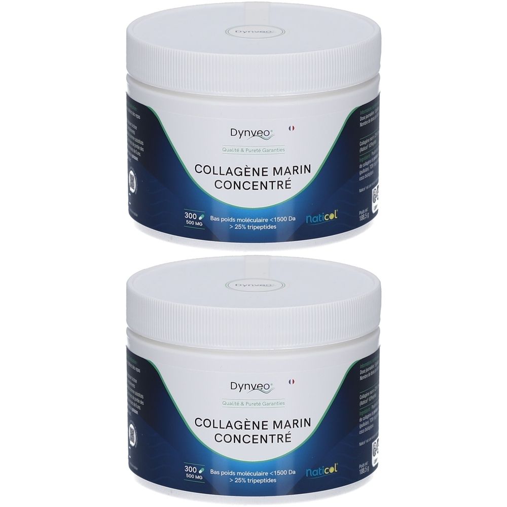 Deux pots blancs avec couvercles. Inscription: COLLAGÈNE MARIN CONCENTRÉ. Marque: Dynveo. Étiquettes bleues et blanches.