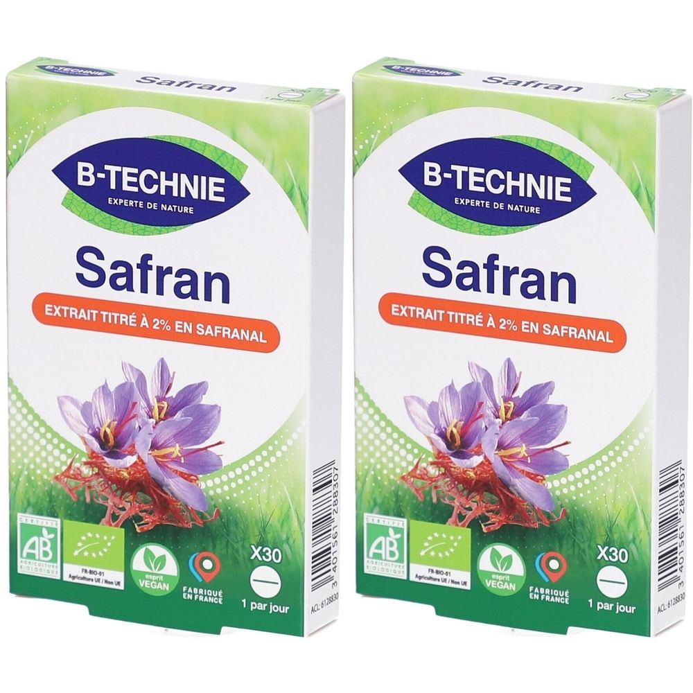 Deux boîtes de B-TECHNIE Safran. Inscription Safran, extrait titré à 2% en safranal. Fleurs de safran illustrées. Labels AB et Vegan.