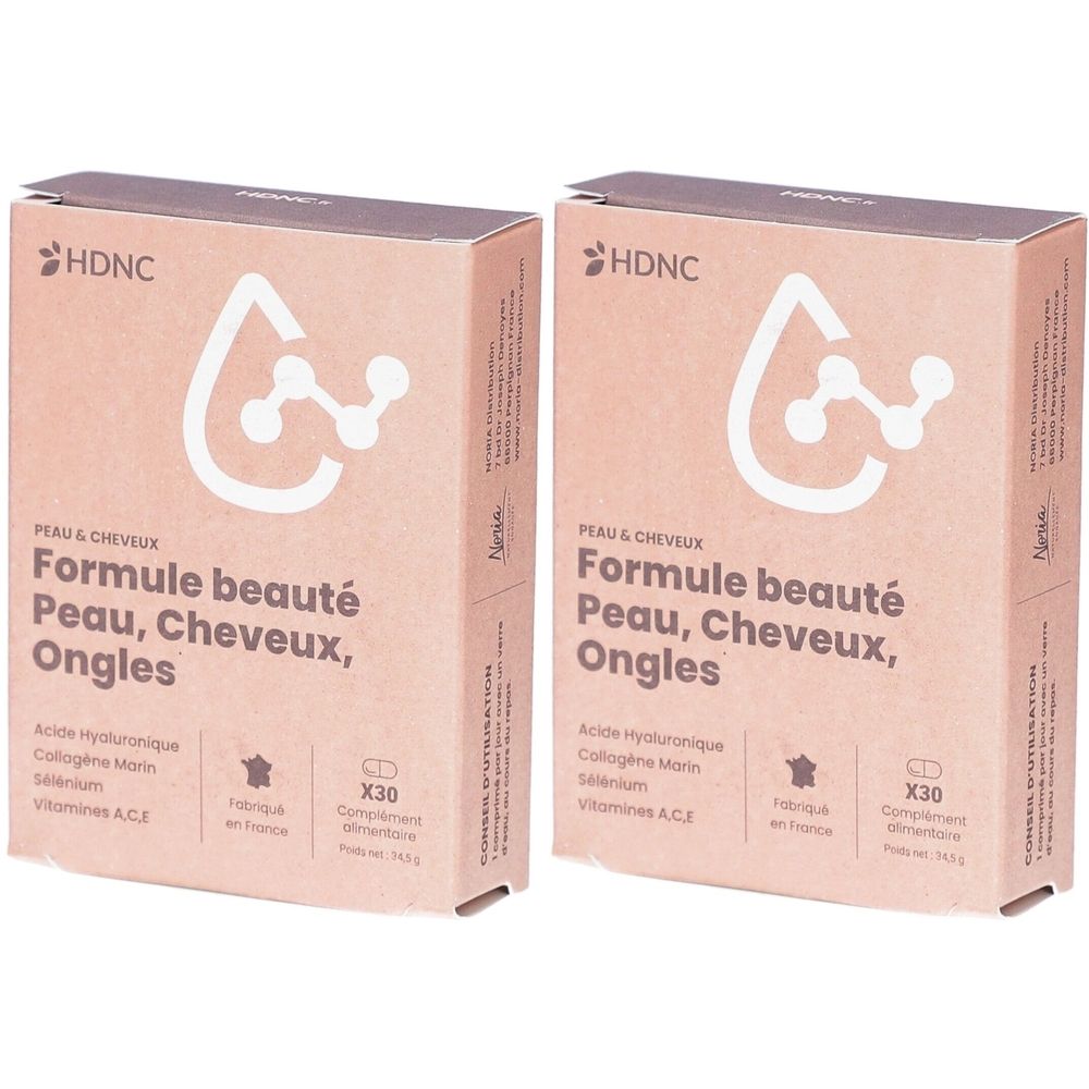 Deux boîtes HDNC Formule beauté Peau, Cheveux, Ongles. Contient 30 comprimés. Fabriqué en France. Ingrédients visibles.