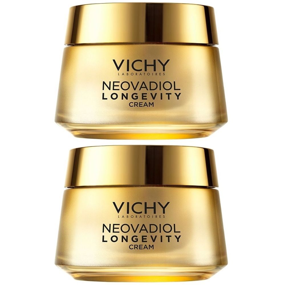 Deux pots de crème dorés avec des couvercles noirs. Inscriptions : "VICHY Laboratoires", "NEOVADIOL LONGEVITY CREAM".