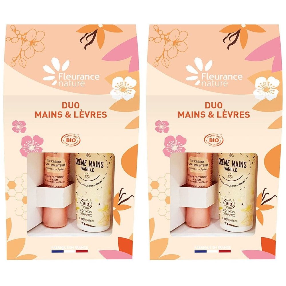Deux coffrets Duo Mains & Lèvres. Crème Mains Vanille, certification Bio. Motif floral en arrière-plan. Marque Fleurance nature visible.
