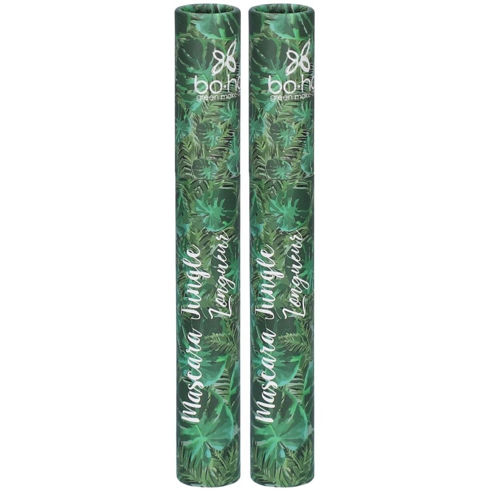 Deux tubes de mascara cylindriques. Vert avec motif de feuilles. Inscription: Mascara Jungle Longueur. Logo: bohème green make-up.