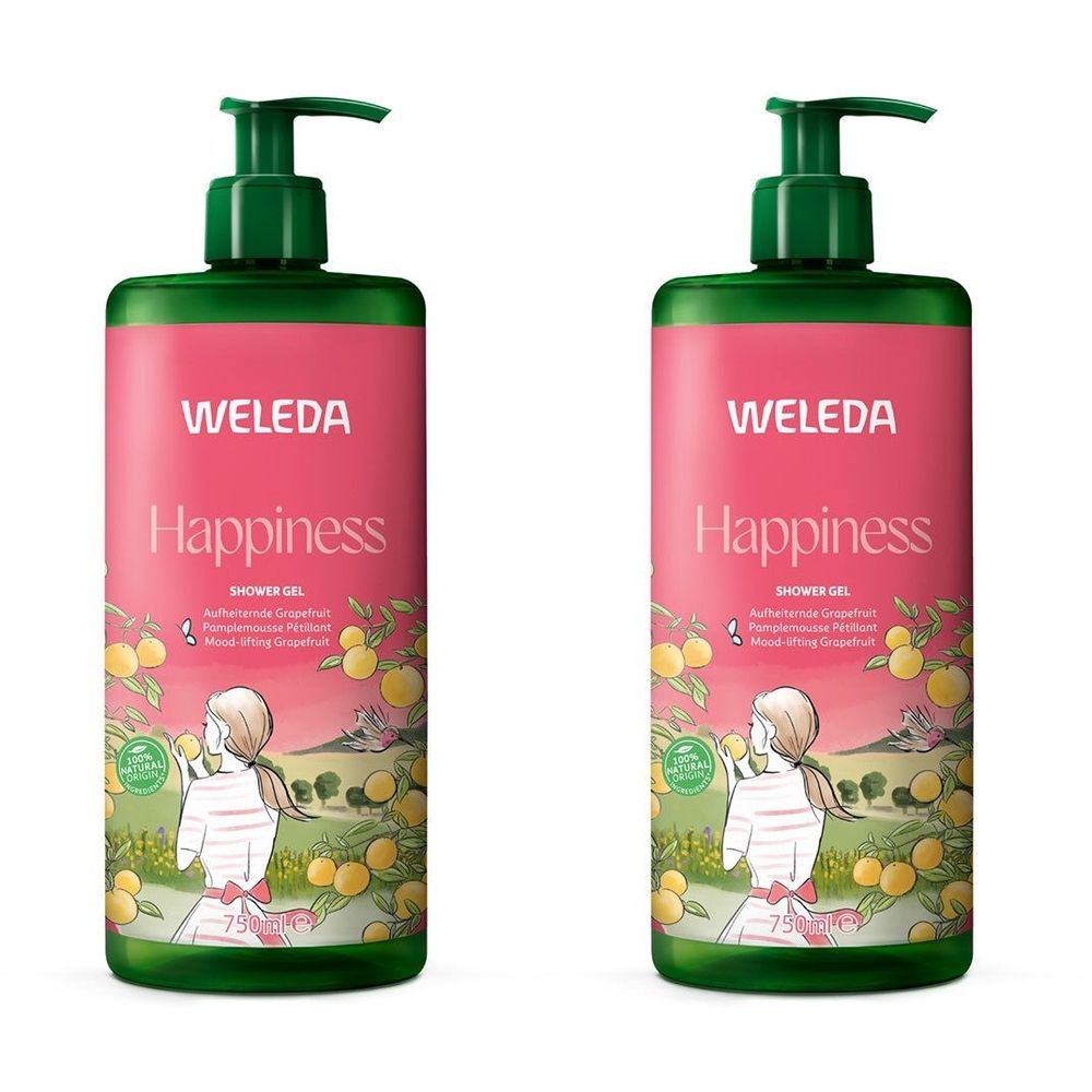 Deux flacons de gel douche avec bouchon vert et étiquette rose. Inscription : WELEDA Happiness. Illustration d'une femme.