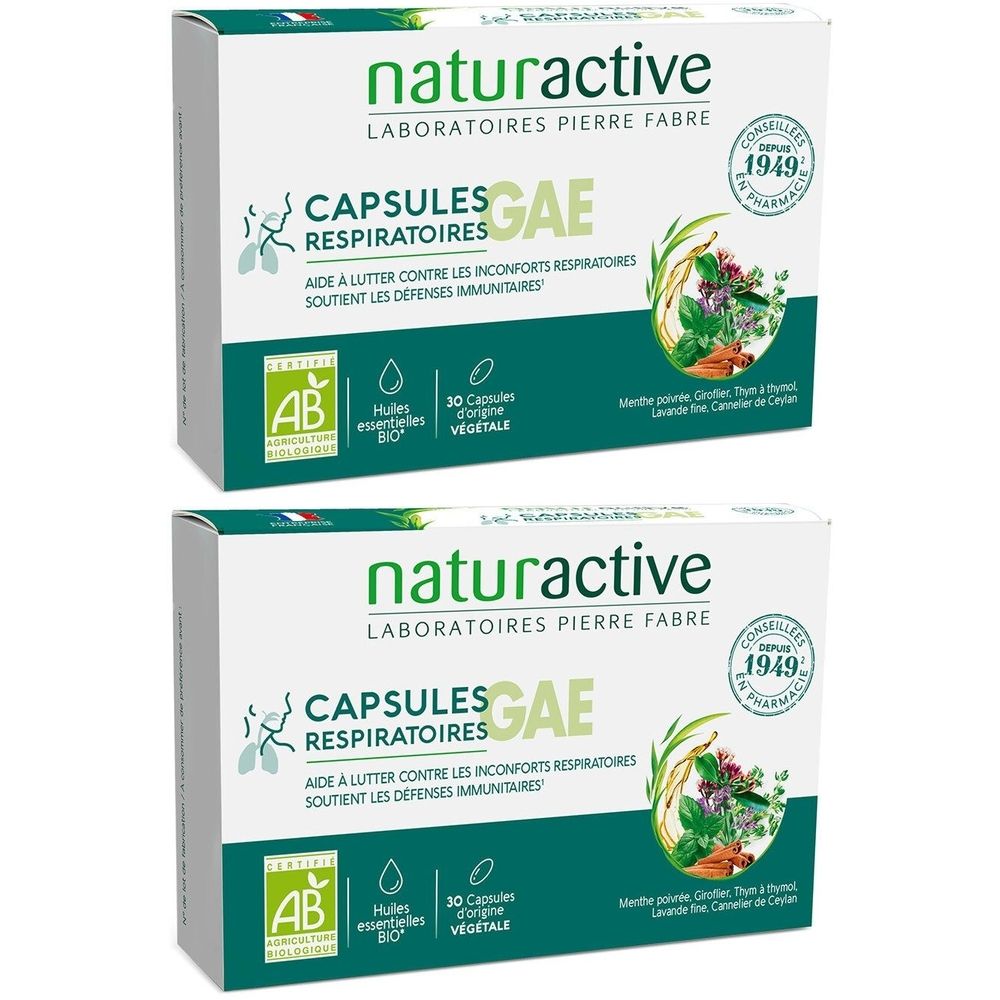 Deux boîtes de Naturactive Capsules Respiratoires GAE. Inscription : Capsules Respiratoires, GAE, logo AB, 30 capsules.