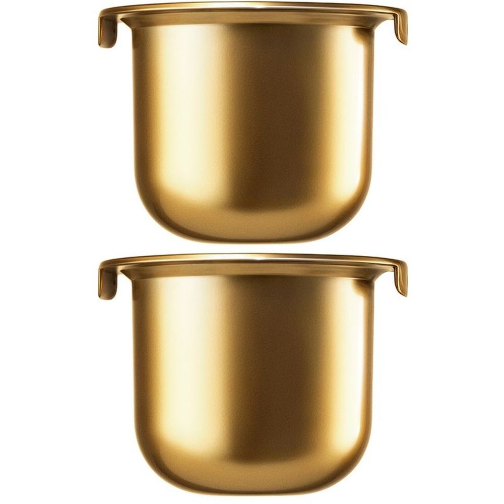 Deux récipients cylindriques dorés avec des fonds arrondis. Chaque récipient a une petite poignée.