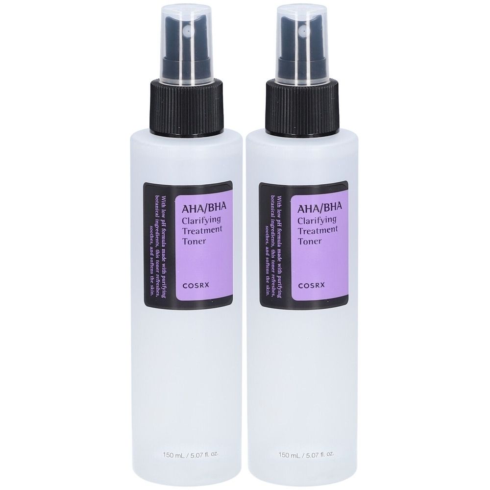 Deux flacons vaporisateurs blancs avec bouchons noirs. Chaque flacon porte une étiquette violette avec le texte : AHA/BHA Clarifying Treatment Toner, COSRX.