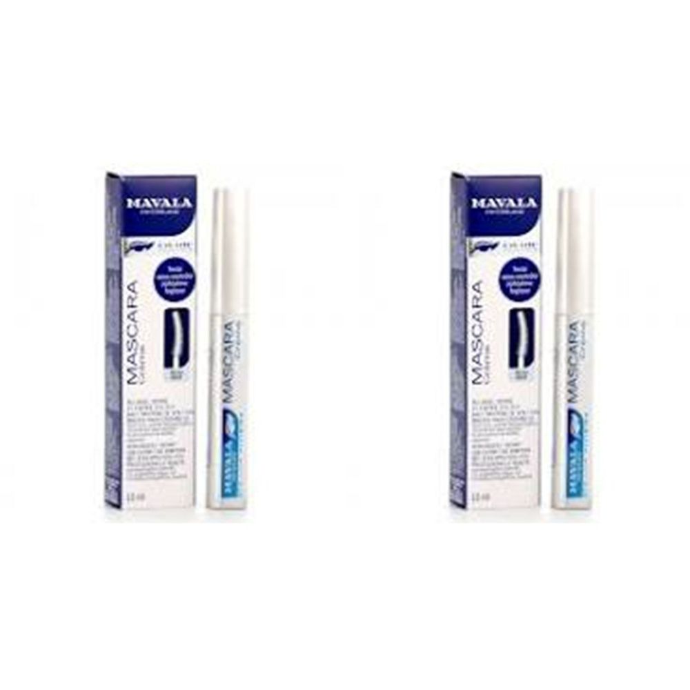 Deux tubes et emballages de mascara Mavala. Emballage bleu avec texte blanc. Tubes de mascara avec boîtier blanc.