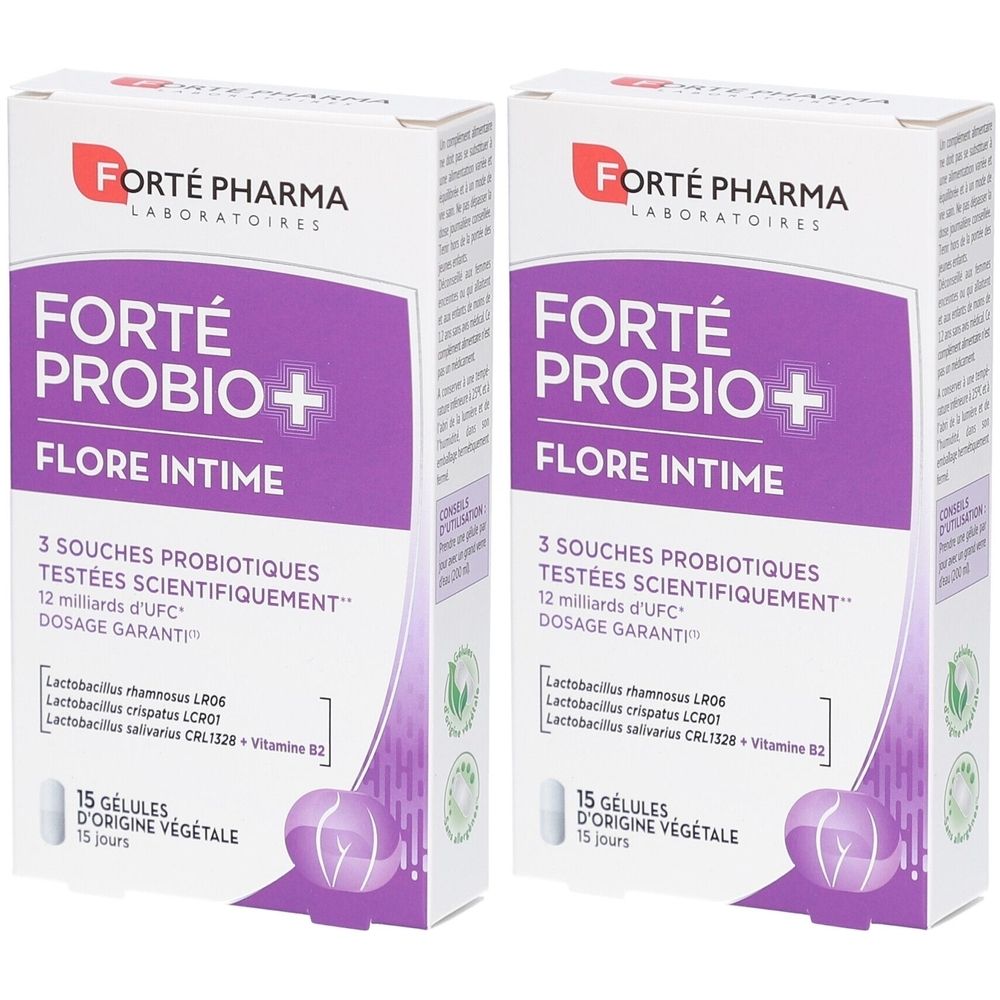 Deux boîtes de Forté Probio+ Flore Intime. Inscription : 3 souches probiotiques, 12 milliards d'UFC, 15 gélules d'origine végétale.