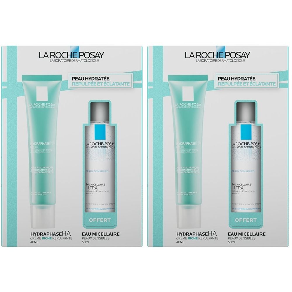 Deux coffrets La Roche-Posay. Chaque coffret contient un tube de crème et une bouteille d'eau micellaire. Texte: Hydraphase HA, Eau Micellaire.