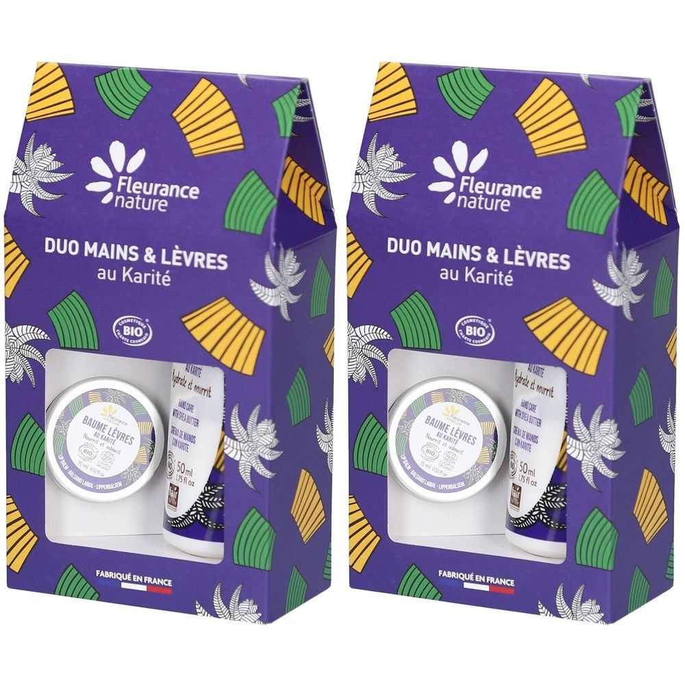 Deux coffrets cadeaux Duo Mains & Lèvres au Karité. Marque Fleurance nature. Certifié Bio. Emballage violet avec motifs.