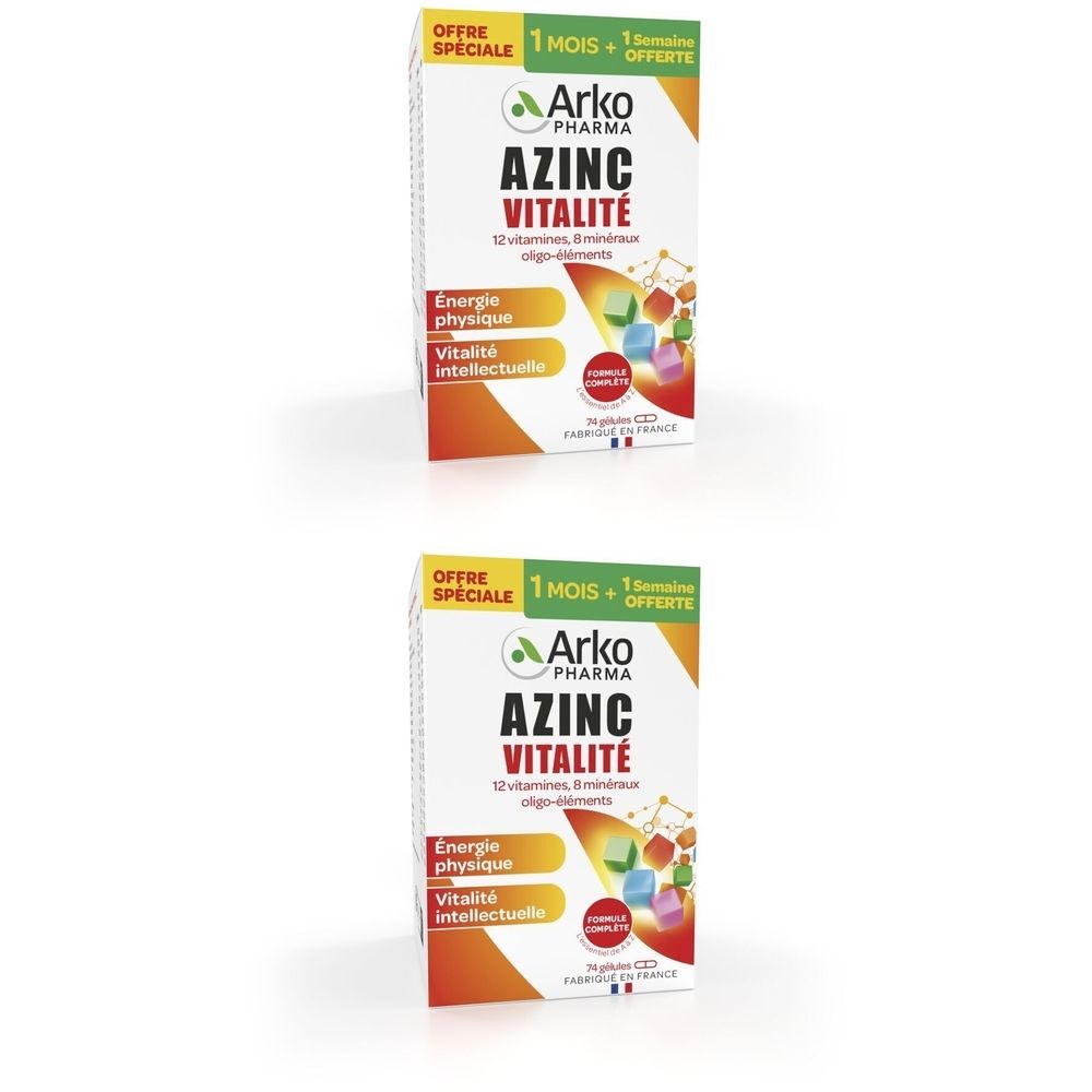 Boîte de Azinc Vitalité. Blanche, orange et verte. Texte: Arko Pharma, AZINC Vitalité, Energie physique, Vitalité intellectuelle.