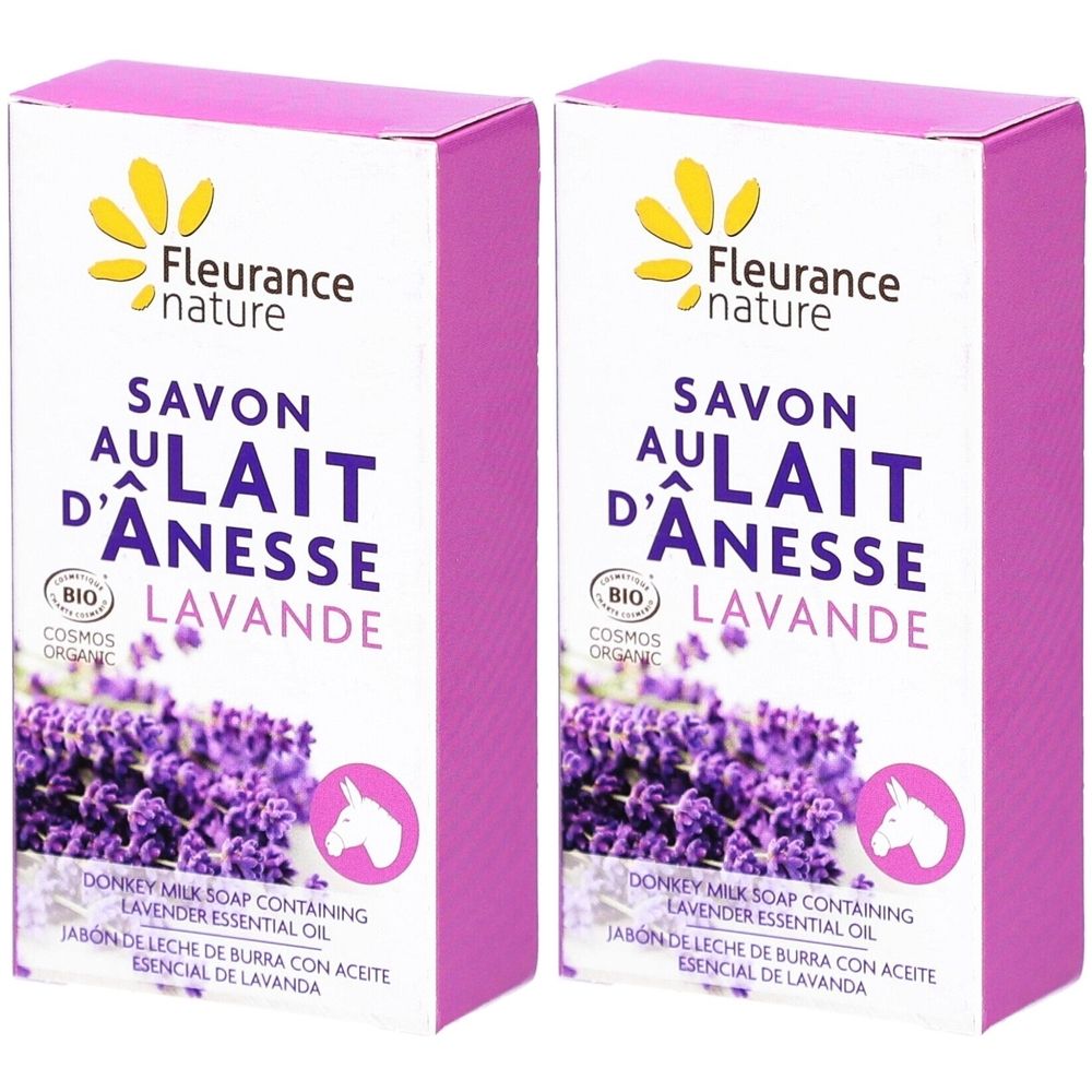 Deux boîtes de savon rectangulaires. Inscription: Savon au Lait d'Anesse Lavande. Certification bio. Illustration de lavande.