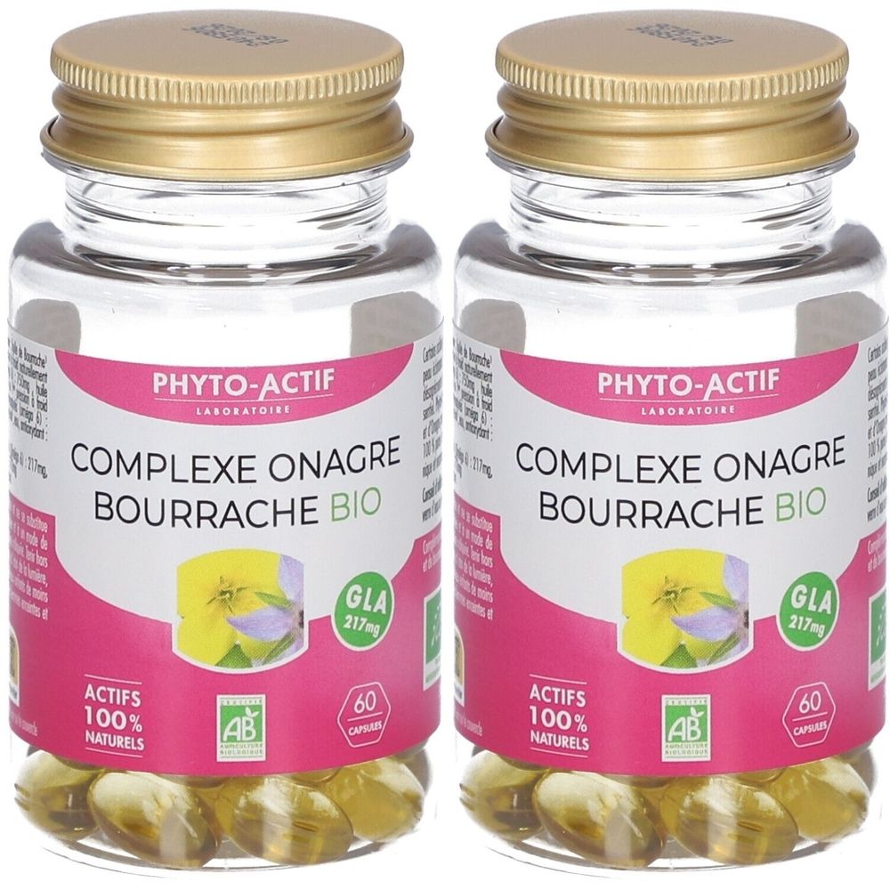 Deux flacons en verre avec couvercles dorés. Inscription: PHYTO-ACTIF, Complexe Onagre Bourrache Bio, 60 capsules, certification AB.