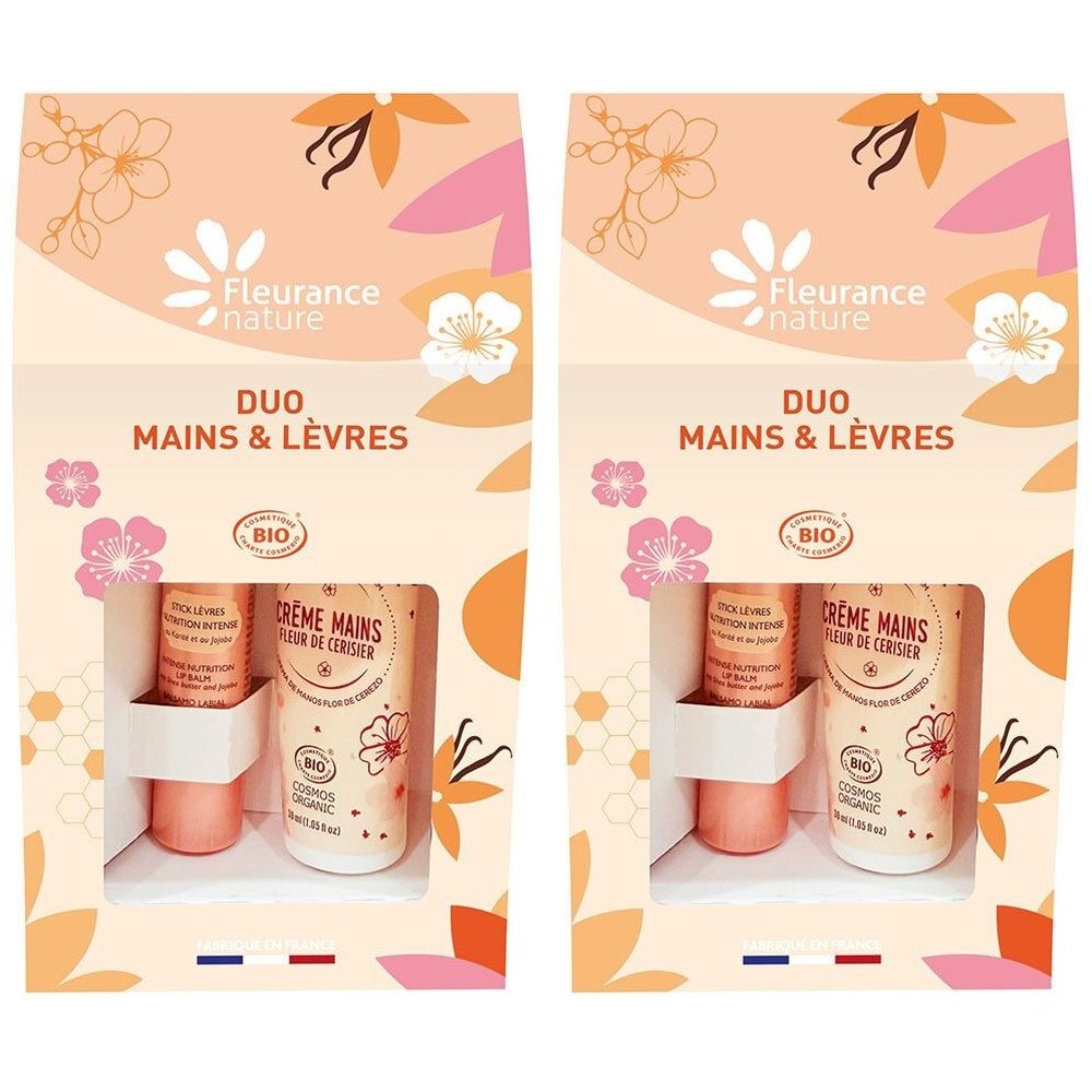 Deux coffrets Duo Mains & Lèvres. Crème Mains et baume à lèvres. Certification Bio. Design floral.