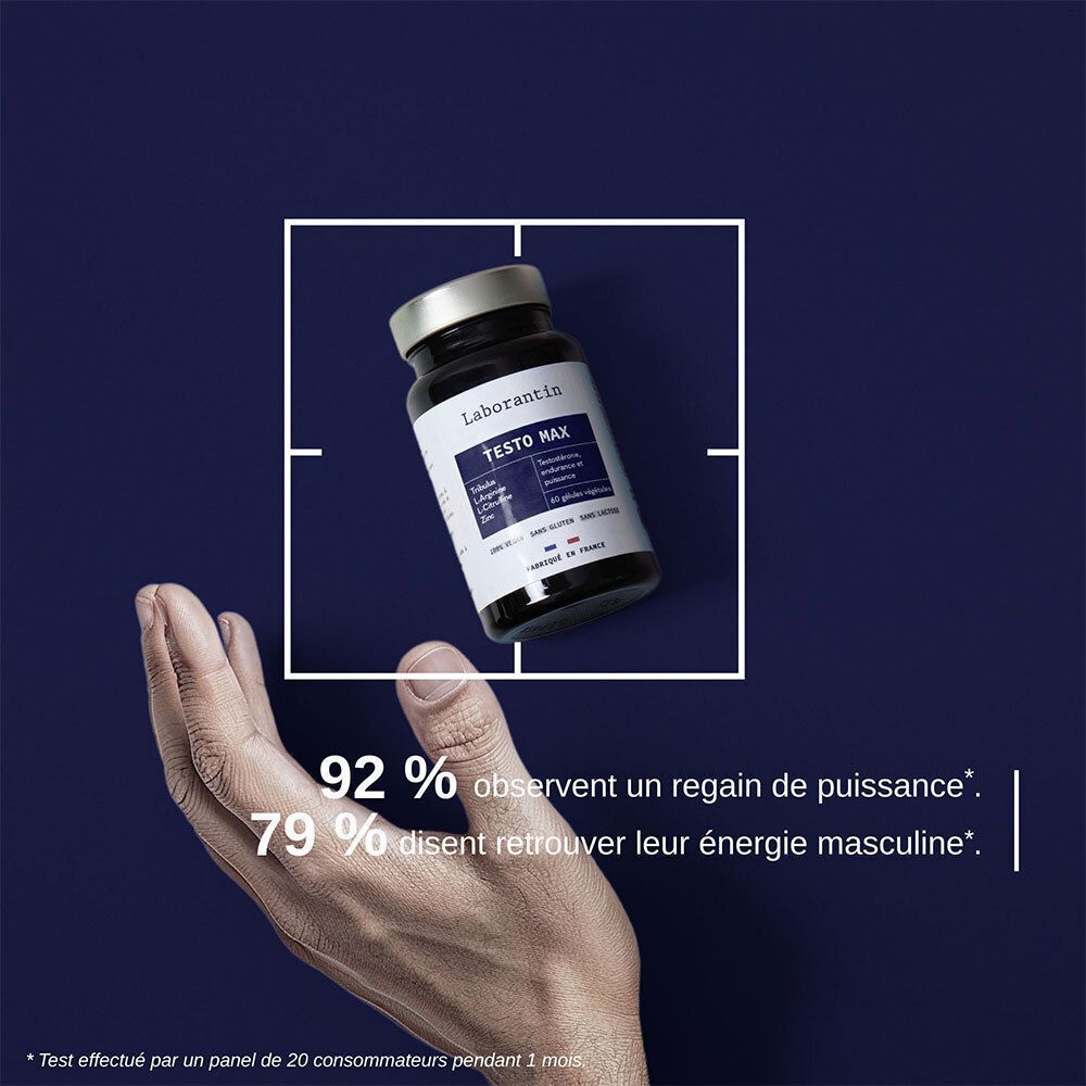 Main tenant un flacon Laborantin Testo Max. Texte: 92% constatent un regain de puissance, 79% retrouvent leur énergie.